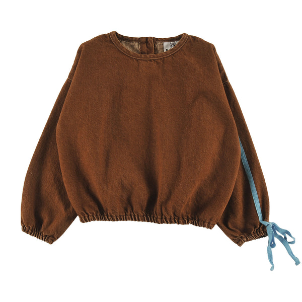Loud Apparel Blouse Loose Fit, Elasticated Waist, Contrast Tape Sleeve Circle, Loud Eyes Logo Print Choco