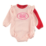 Loud Apparel Baby Girl  Romper Relaxed Fit, Ruffle Shoulder, Sleeve Colour Block Loud Eyes Logo Print Contrast Orchid Pink, Red