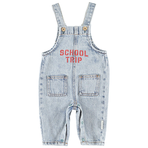 Piupiuchick Dungarees | Fadded Light Blue Denim W/ "School Trip" Print