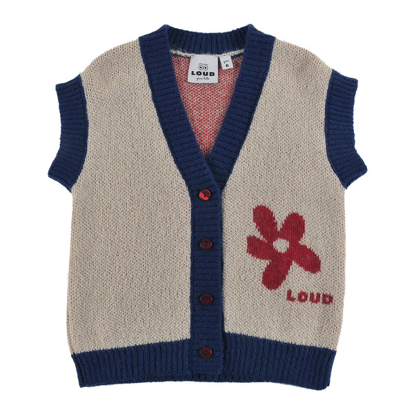 Loud Apparel Vest Relaxed Fit, Bottoned Front, Flower Motif Front/Back, Contrast Ribbing Sand, Red/Navy
