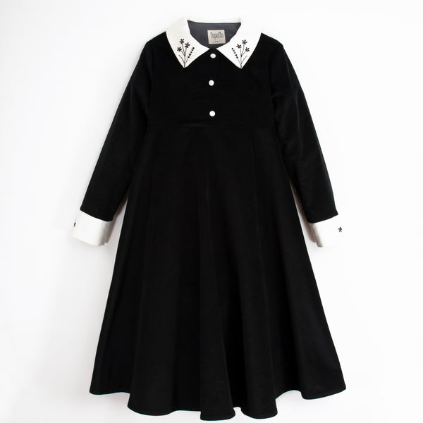 Popelin Black Velvet Dress Withcape-Style Skirt And Embroidered Collar