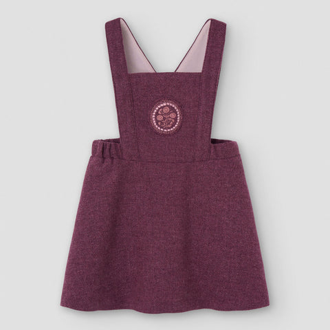 Popelin short dress wine red woollen with embroidered bib yoke