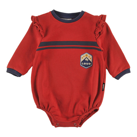 Loud Apparel Baby Girl Romper Relaxed Fit, Ruffle Shoulder, Mountain Embroidery Patch, Contrast Ribbing Red Check