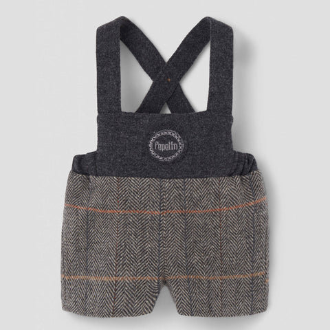 Popelin short romper grey herringbone woollen with embroidery appliqué