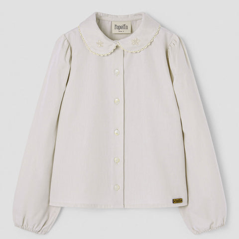 Popelin top off-white with embroidered baby collar