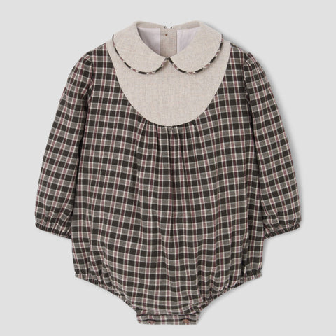 Popelin romper green plaid with baby collar and yoke