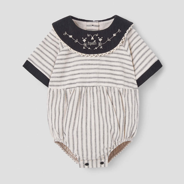 Popelin Black Striped Romper Suit With Embroidered Bib Collar ||2.4