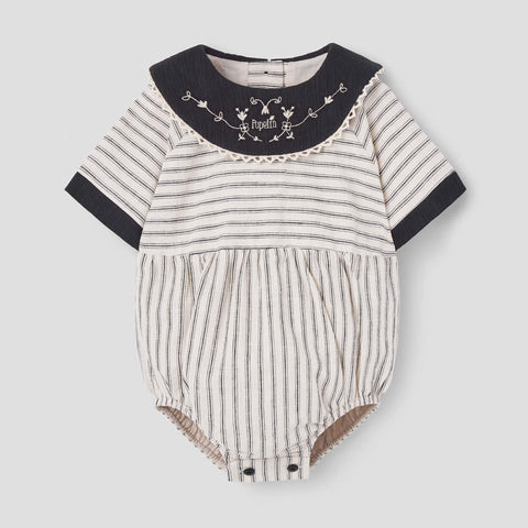 Popelin Black Striped Romper Suit With Embroidered Bib Collar ||2.4