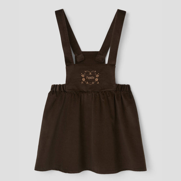 Popelin short dress brown corduroy with embroidered bib || 43.3