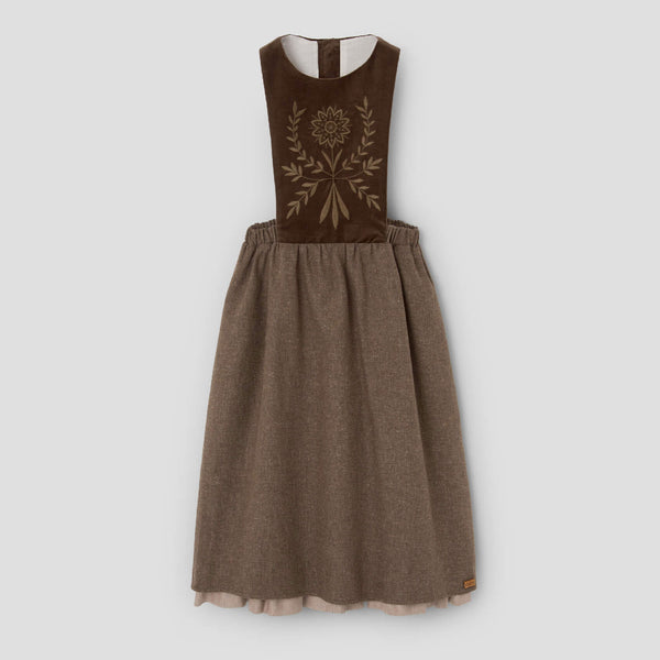 Popelin midi dress brown with embroidered bib || 102.2