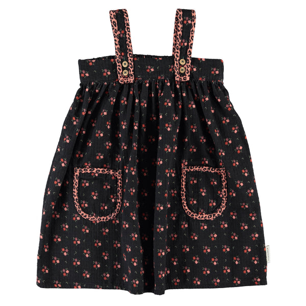 Piupiuchick Knee-Lenght Dress W/ Straps | Black W/ Flowers