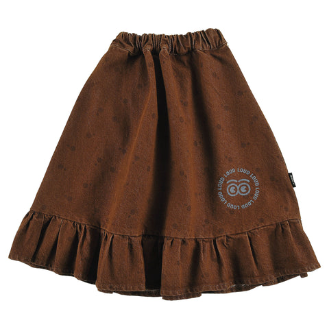 Loud Apparel Skirt Midi Below Knee, Elasticated Waist, Circle Loud Eyes Logo Print Choco, Polkadot