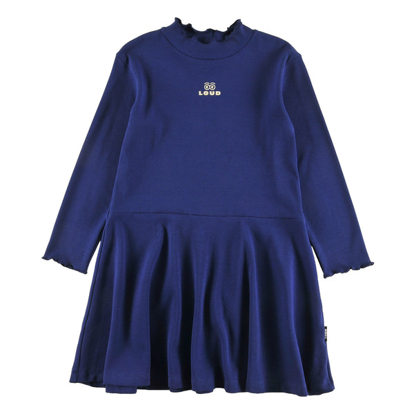 Loud Apparel Dress Slim Fit Top, Swirl Bottom, Loud Eyes Logo Print Contrast Blue Navy