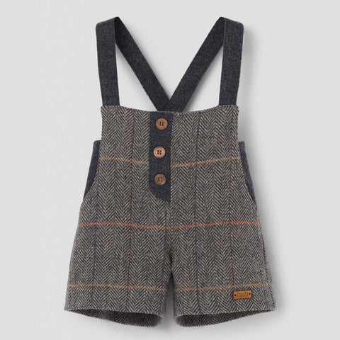 Popelin romper grey herringbone woollen with crossover straps and pockets