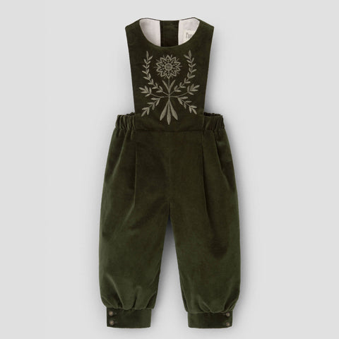 Popelin romper moss green velvet with embroidered bib || 100.1
