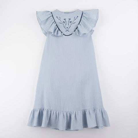 Popelin Blue Midi Dress With Embroidered Yoke ||40.7