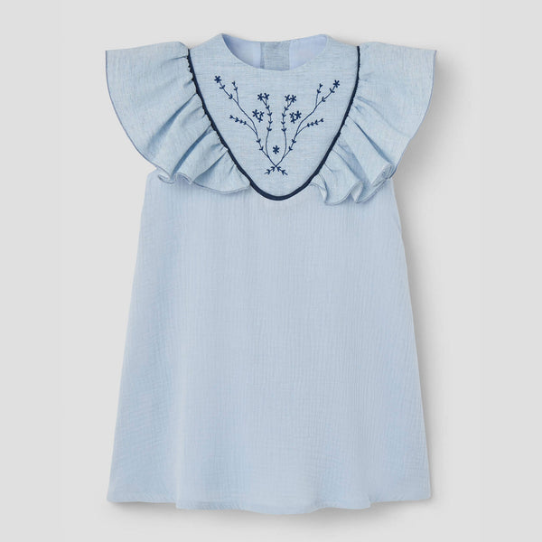 Popelin Blue Short Dress With Embroidered Yoke ||40.3