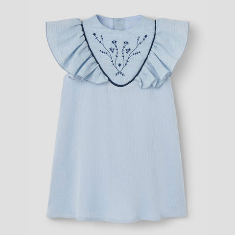 Popelin Blue Short Dress With Embroidered Yoke ||40.3