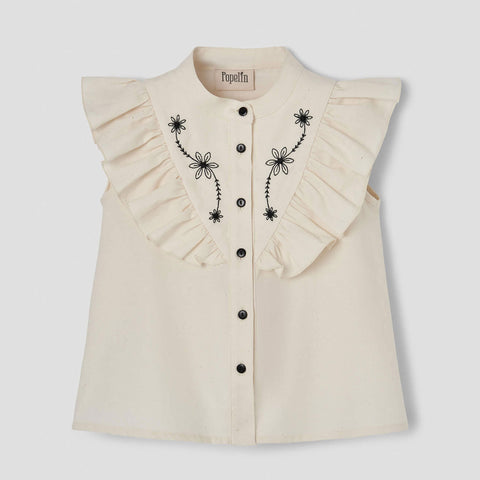 Popelin Blouse With Frill And Black Embroidered Yoke ||14.3