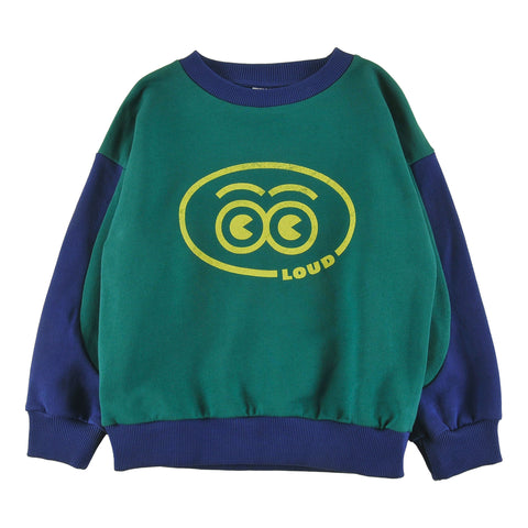 Loud Apparel Sweater Relaxed Fit, Drop Shoulder, Sleeve Colour Block Loud Eyes Logo Print Contrast Green, Navy