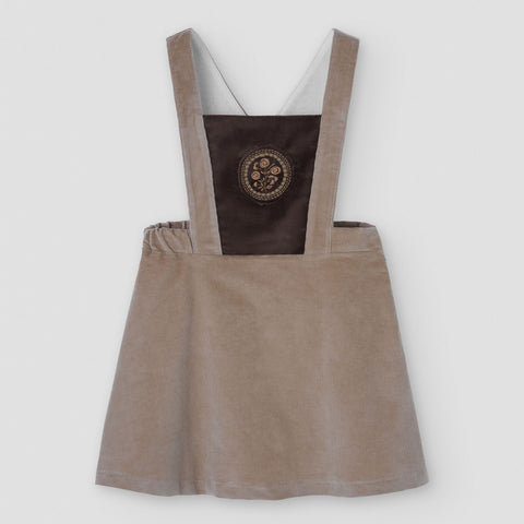 Popelin short dress camel corduroy with embroidered bib yoke