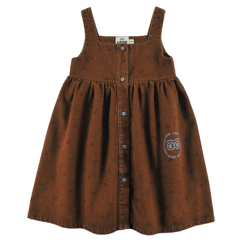 Loud Apparel Dress Straps Relaxed Fit, Buttoned Front, Circle Loud Eyes Logo Print Choco, Polkadot