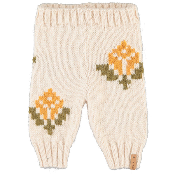 Piupiuchick Knitted Baby Leggings | Ecru W/ Flowers
