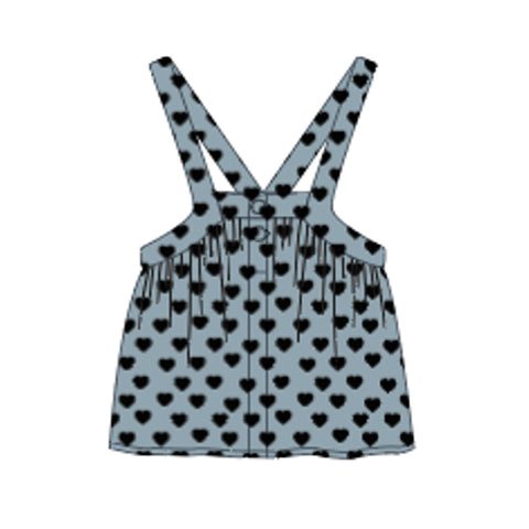 Piupiuchick Short Dress W/ Straps | Washed Blue Denim W/ Black Hearts