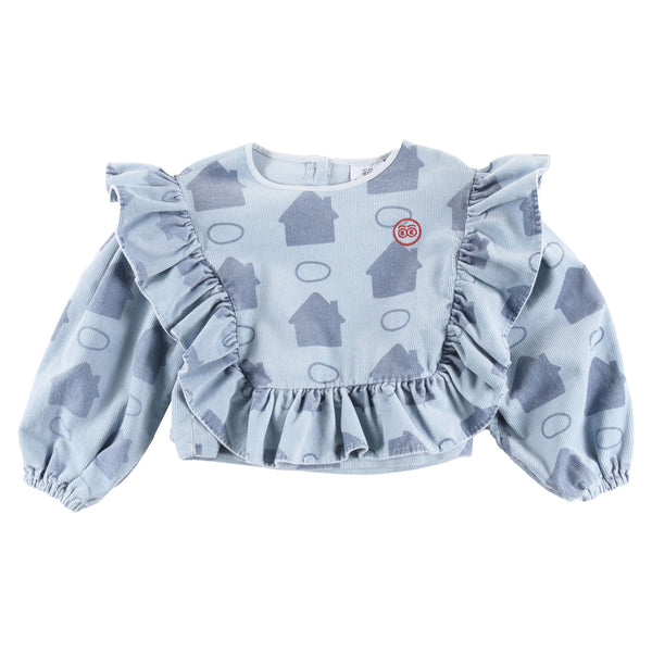 Loud Apparel Care Top Ruffles Sky Blue Houses Aop