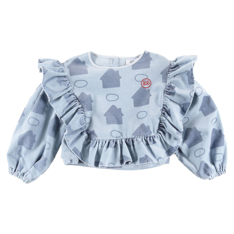 Loud Apparel Care Top Ruffles Sky Blue Houses Aop
