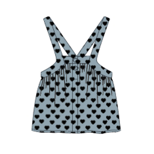 Piupiuchick Knee-Lenght Dress W/ Straps | Washed Blue Denim W/ Black Hearts