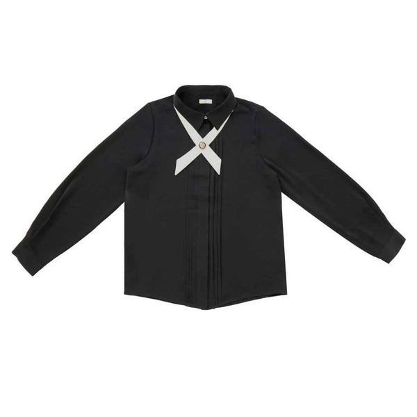 Coco Blanc Front Pleat Blouse Cream Collar  Black
