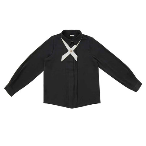 Coco Blanc Front Pleat Blouse Cream Collar  Black