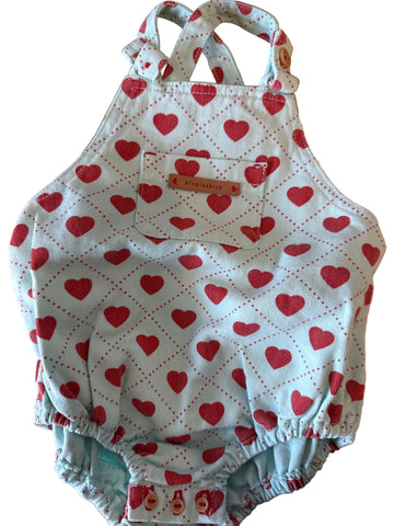 Piupiuchick Baby Romper Light Blue W/ Red Hearts Allover
