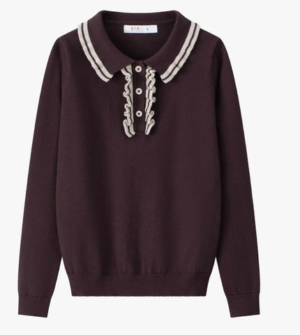 Coco Blanc Ruffle Collar Sweater Burgundy