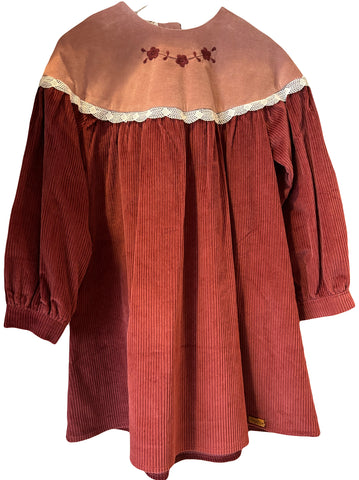 Popelin Burgundy Velvet Dress With Floral Yoke
