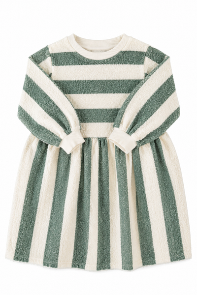 Piupiuchick Knee-Lenght Dress | Ecru & Green W/ Stripes