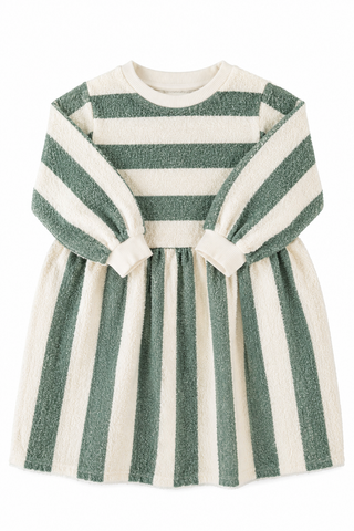 Piupiuchick Knee-Lenght Dress | Ecru & Green W/ Stripes