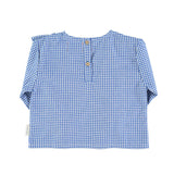 Piupiuchick Blouse w/ v-neck ruffles on chest | Blue little checkered