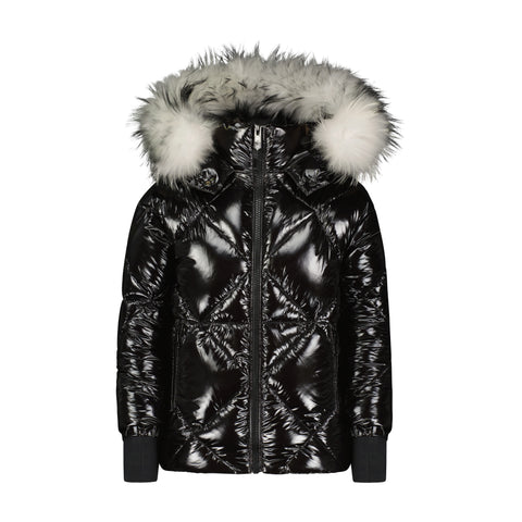 SCOTCH BONNET COAT SHINY BLACK QUILTED WHITE W/BLACK TIPS FUR