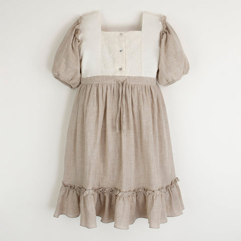 Popelin Sand Plaid Dress With Puffed Sleeve